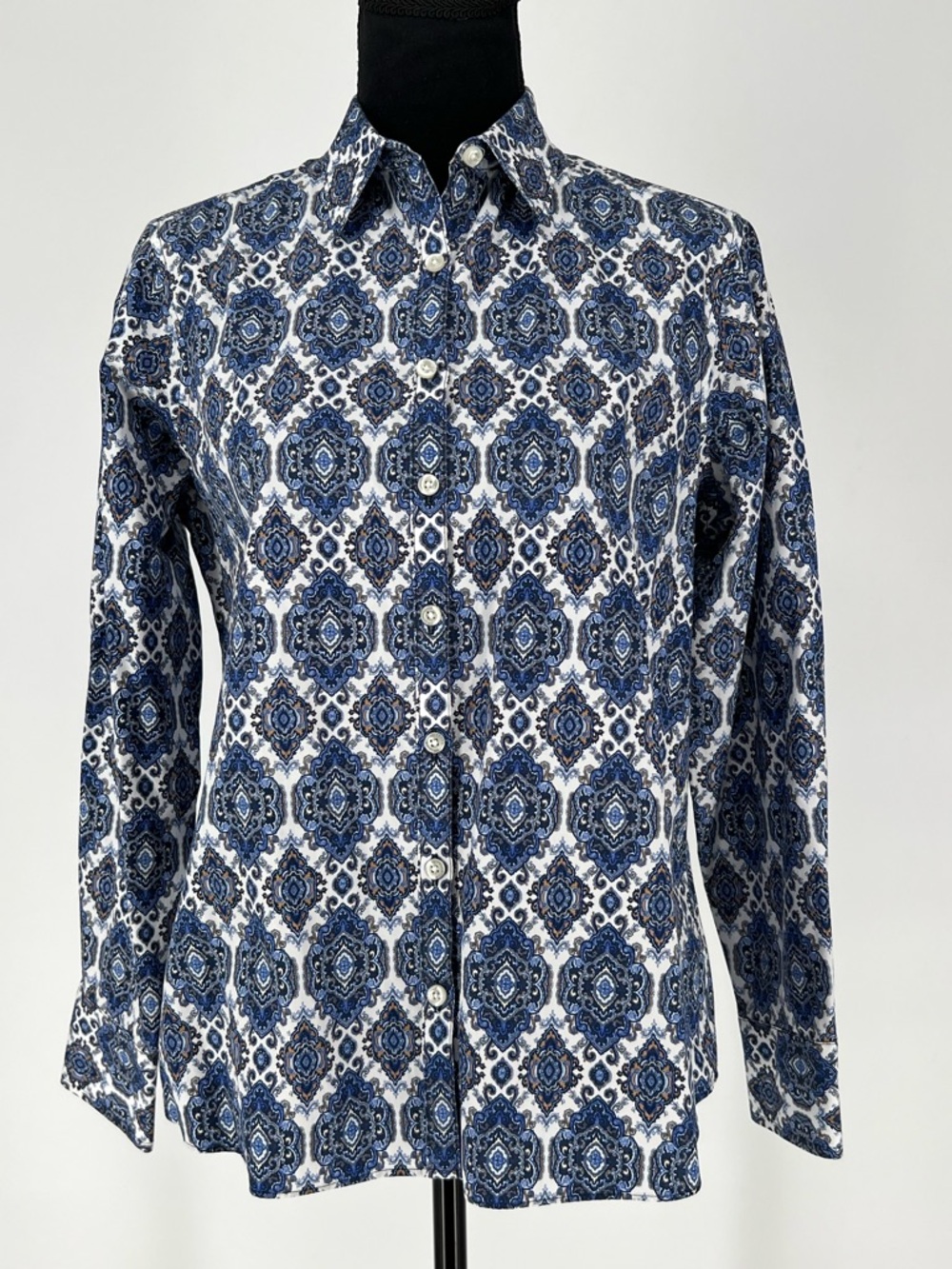LANDS’END Blue and‎ White Medallion Button-Up Shirt - 100% Cotton